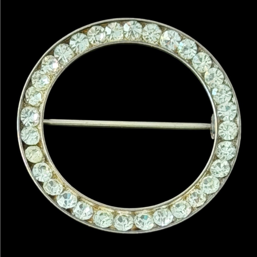 Vintage Sterling Silver Circle Channel Set Crystals Brooch